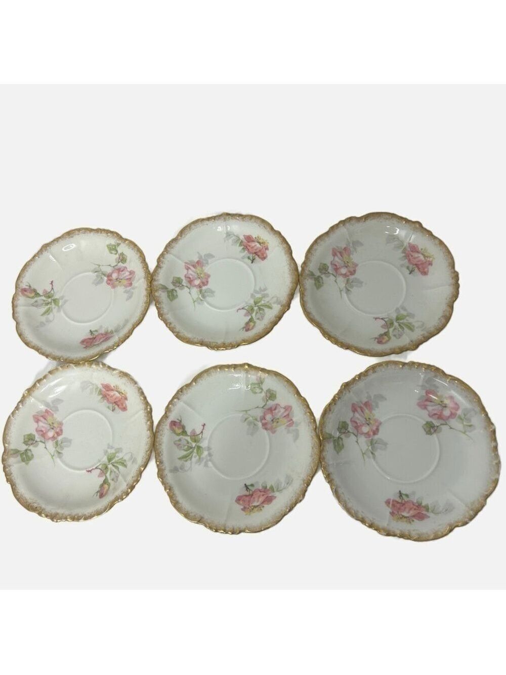 Limoges France Pouyat Porcelain Gold Rimmed Saucers Dessert 5.5” Floral set of 6